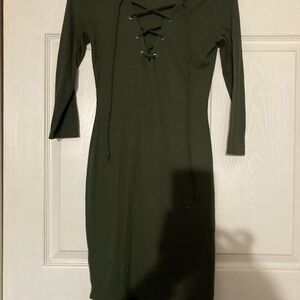 Charlotte Russe Dark Green Lace-Up Long Sleeve Dress